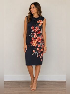 ECI Blue and Black Sheath Midi Dress for Wedding Guest